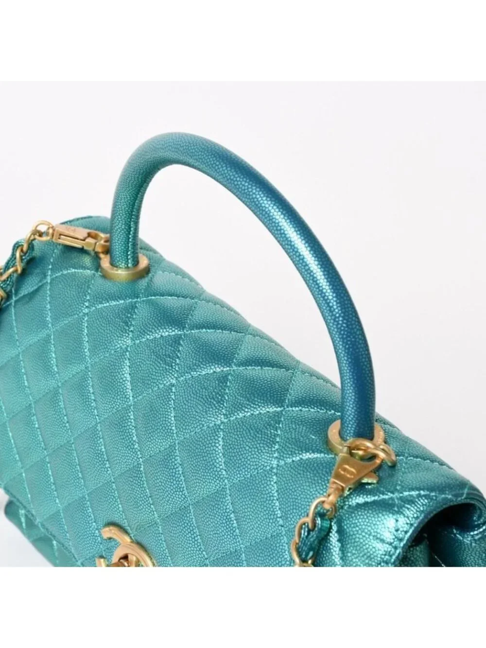 Chanel Coco Handle 29 2-Way Bag CC Logo Caviar Leather Metallic Green Gold